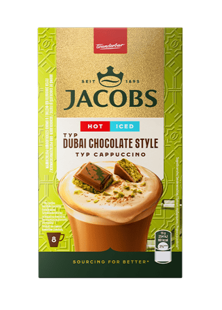 10046370 Jacobs Dubai Chocolate Style Cappuccino 8x15g Carton front Updated